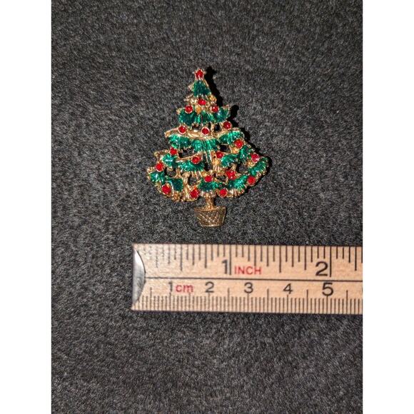 Vintage Christmas Tree Gold tone Green Enamel with Rhinestones Brooch/Pin - Picture 4 of 4